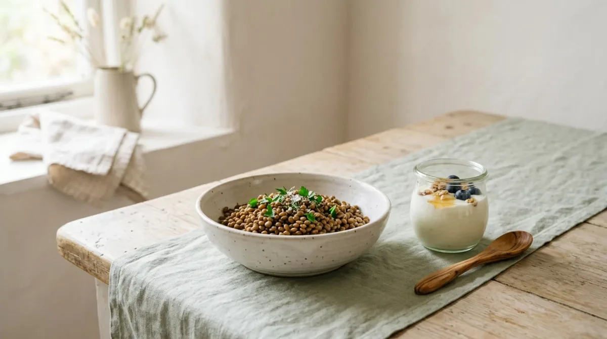 Lentil bowl and Greek yogurt on kitchen counter morning light