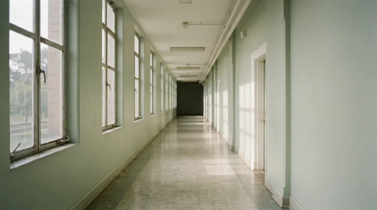 Empty institutional corridor with daylight through high windows