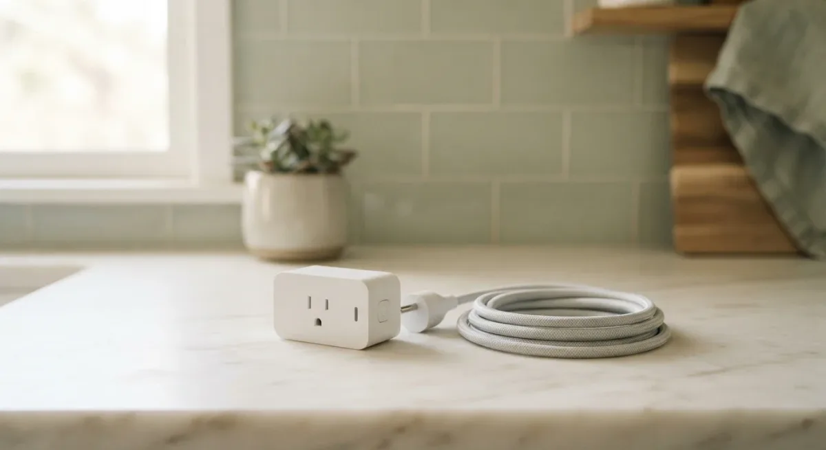 White smart plug on a kitchen counter beside a lamp cord