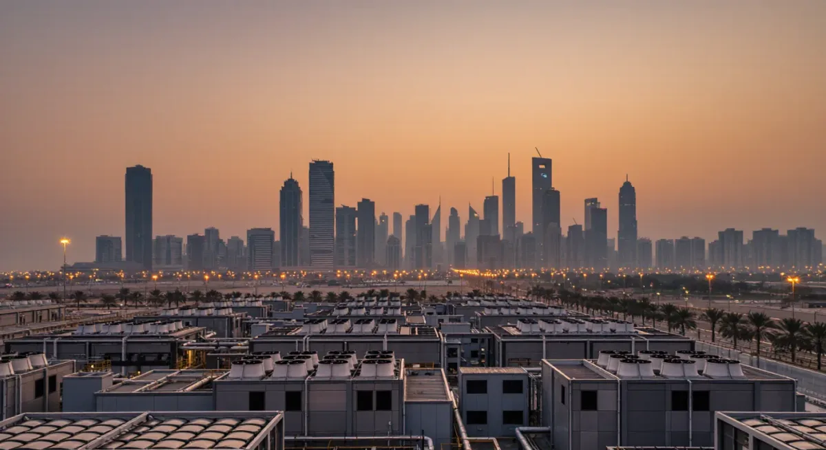 Data centre hall and office towers of Abu Dhabi at dusk