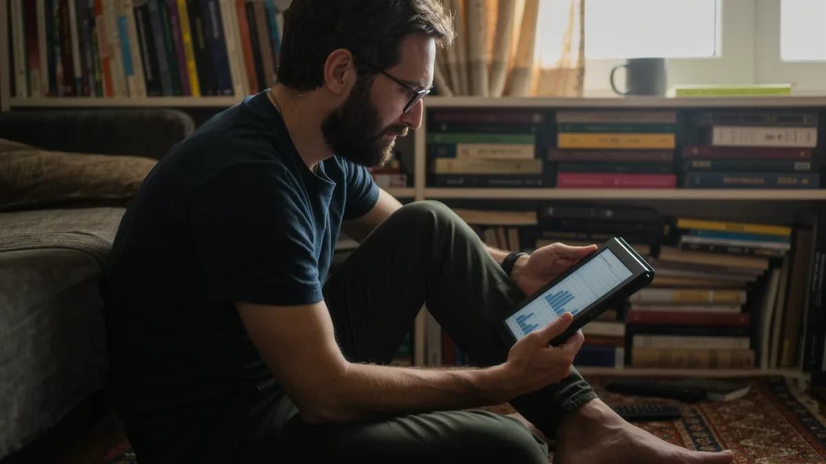 Indie author reviewing sales dashboard on e-reader between store shelves