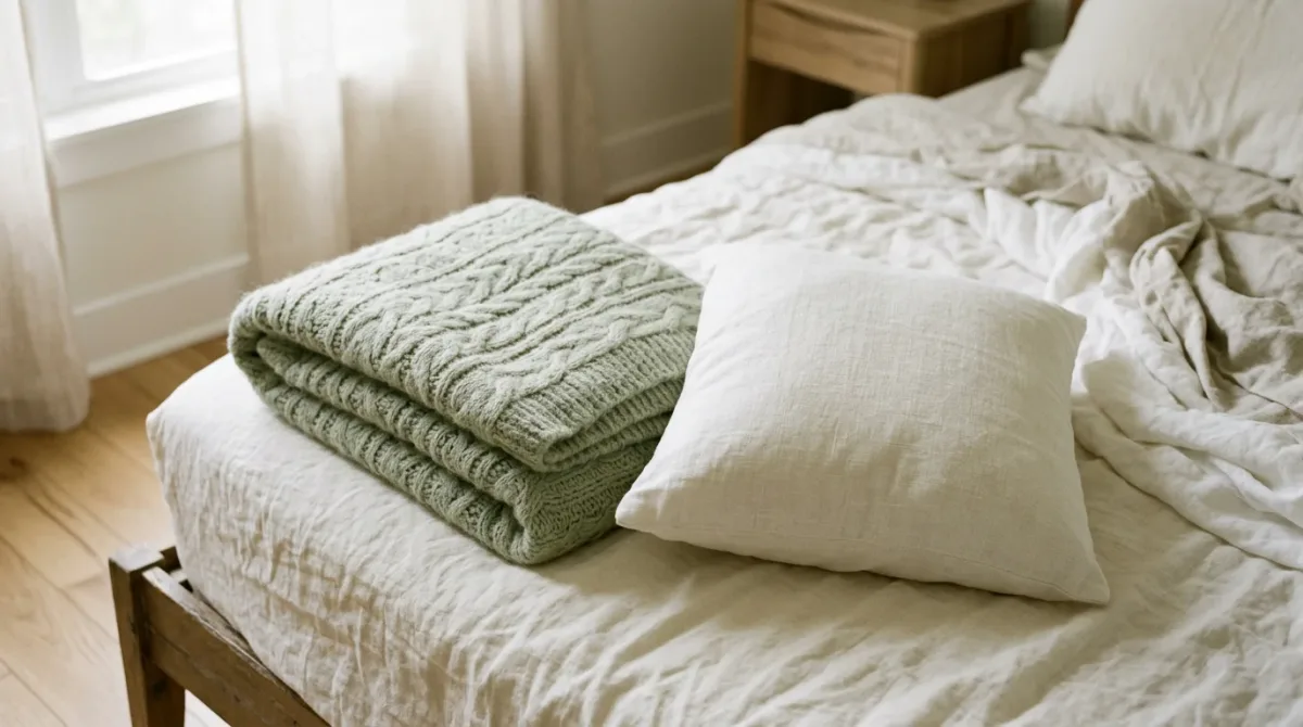 Folded blanket and pillow on neat bed morning light