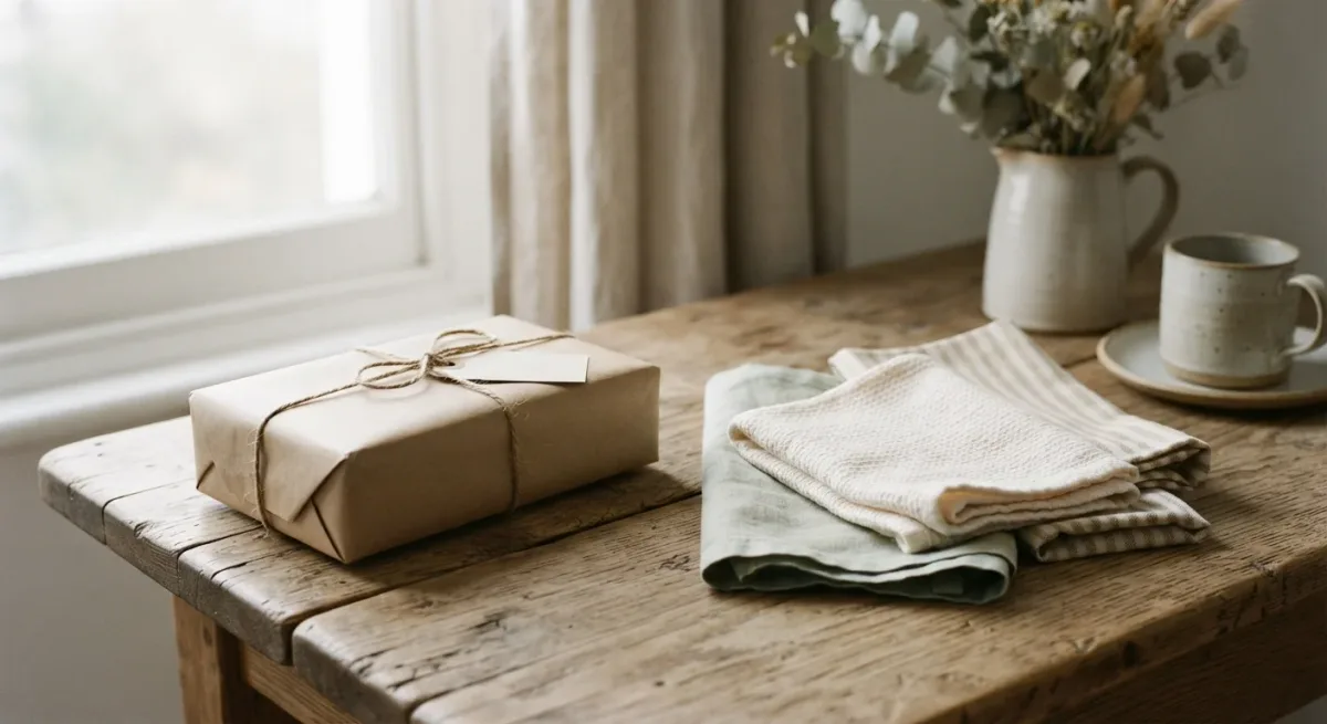 Kraft parcel tied with string on a wooden table