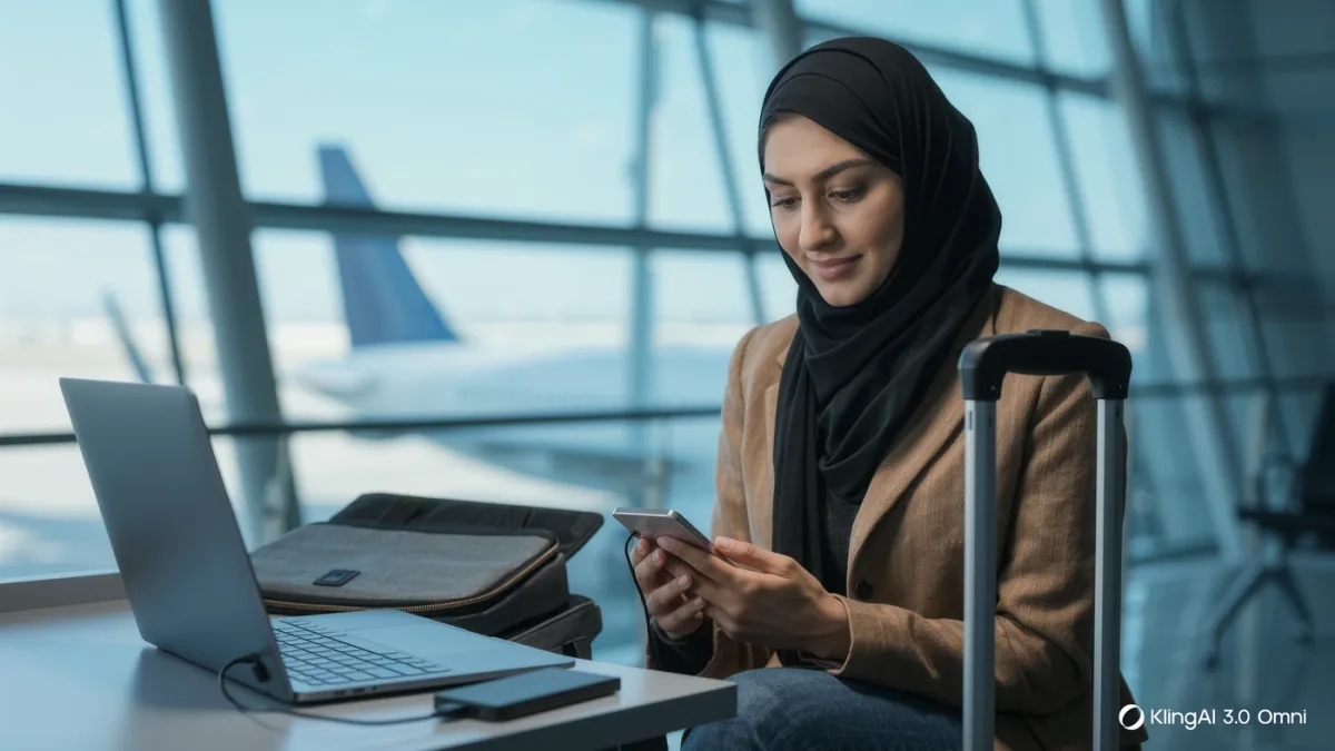 Traveler using own charger and power bank at an airport gate