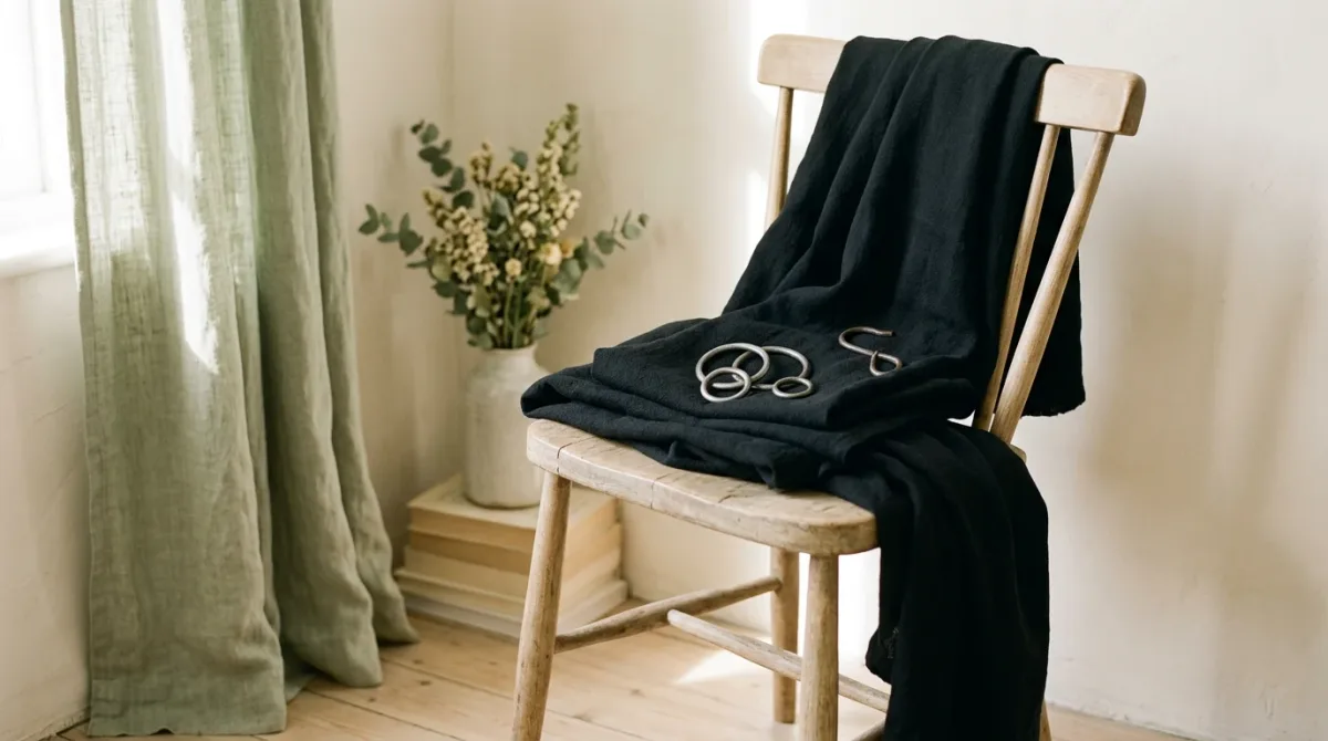 Black draped fabric and steel rings on chair