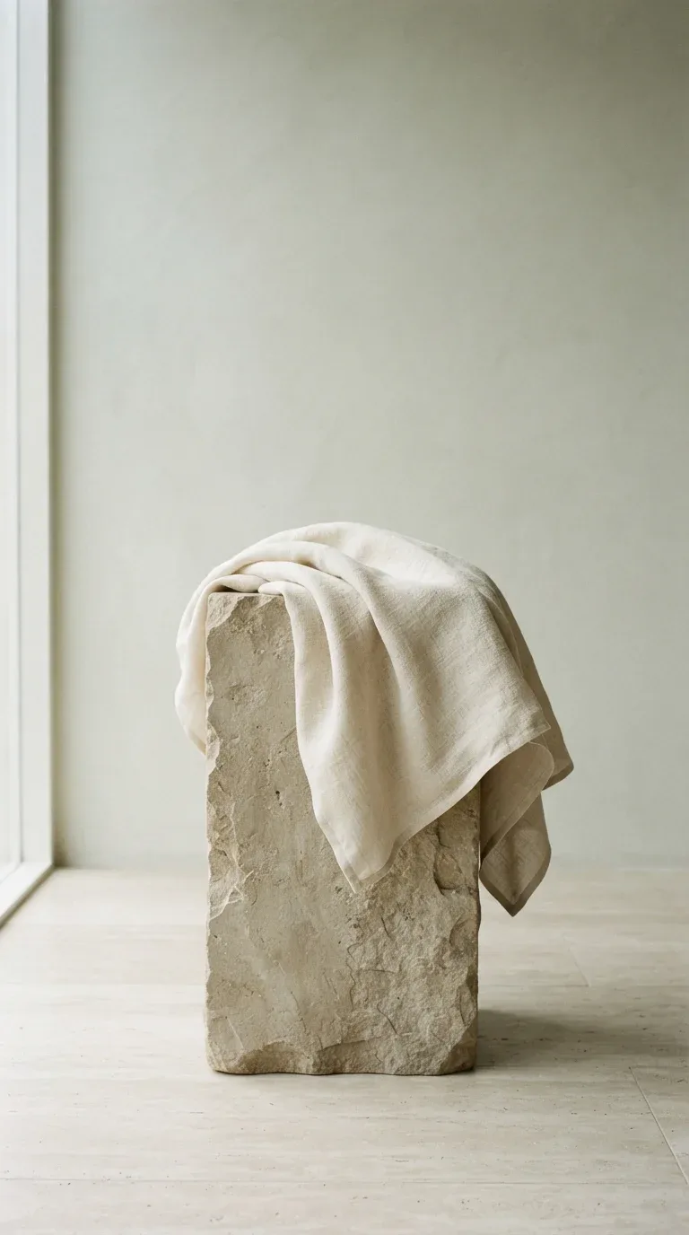 Sculptural folds of undyed cloth on a plinth