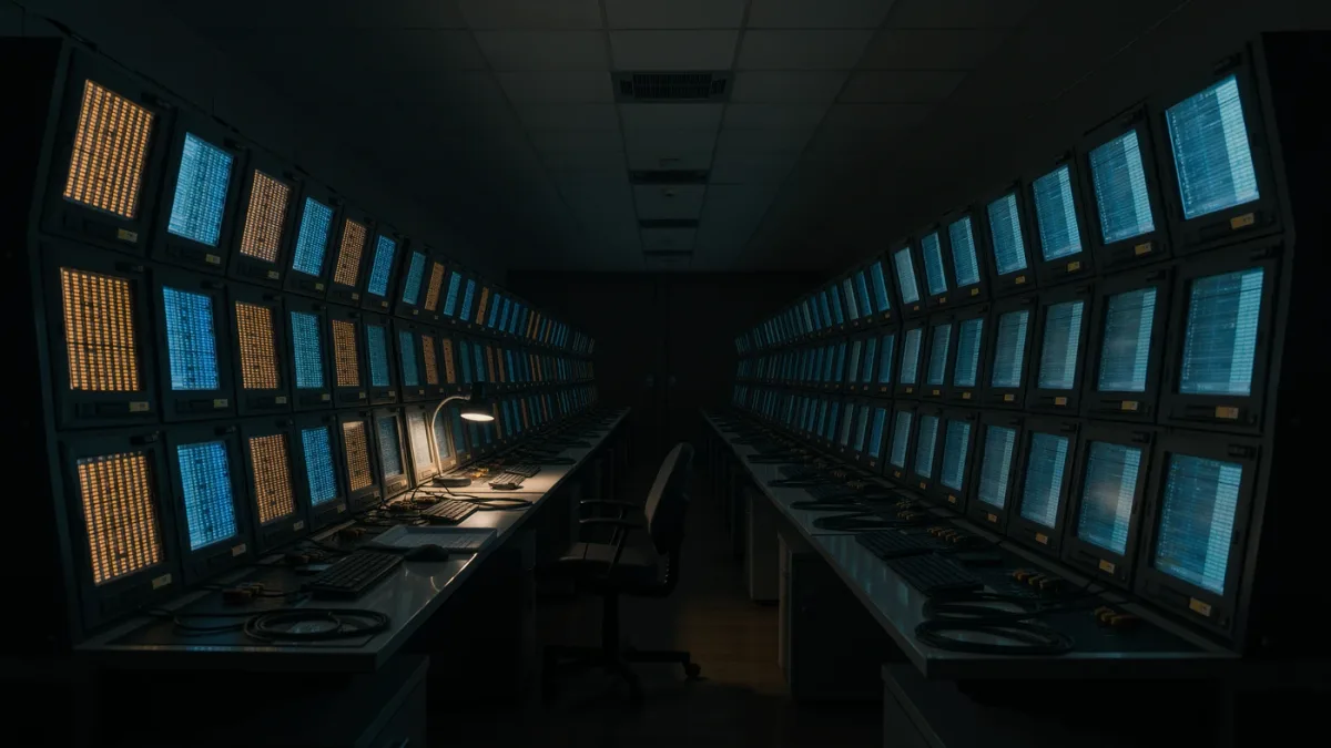 Empty payments-operations floor with message-queue monitors at night
