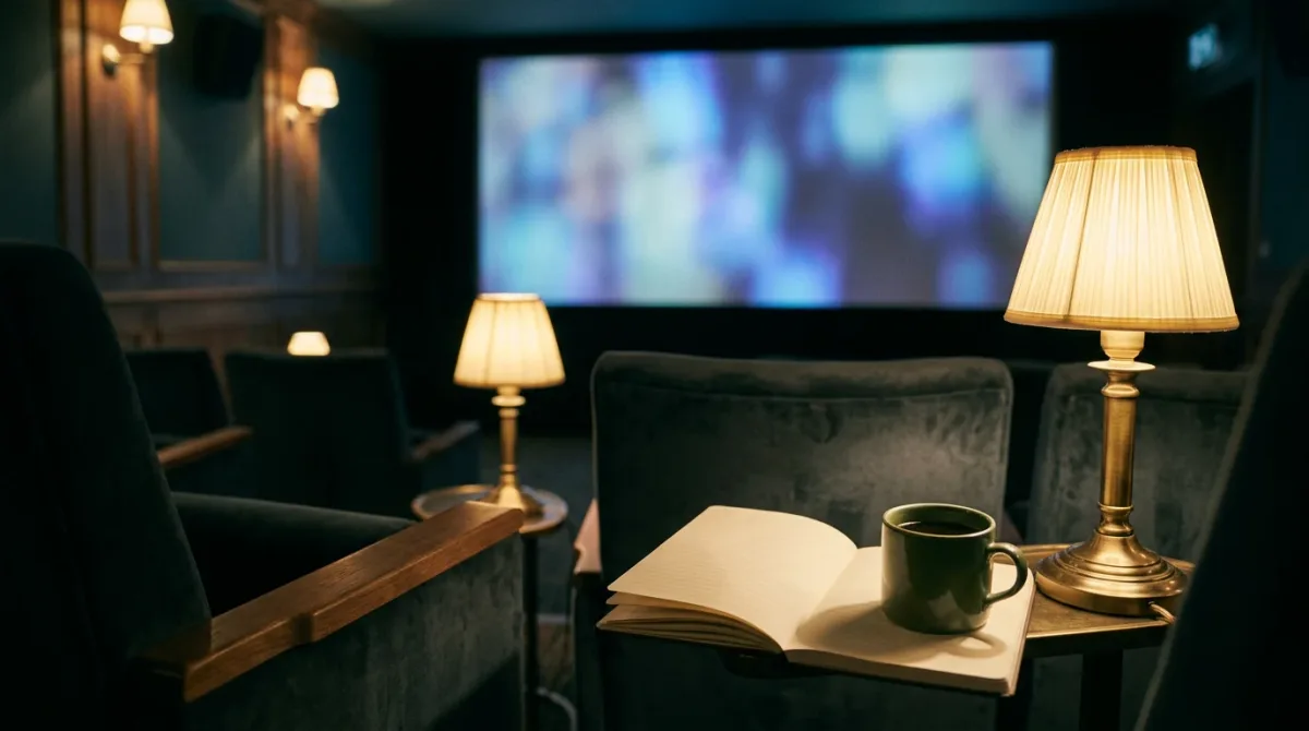 Dim screening room with a glowing abstract screen