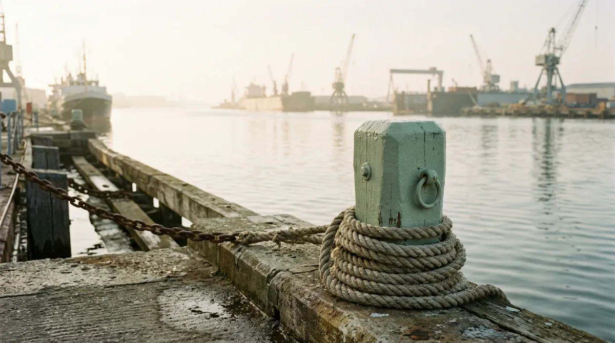 Pier bollard and coiled line under harbor cranes at dawn