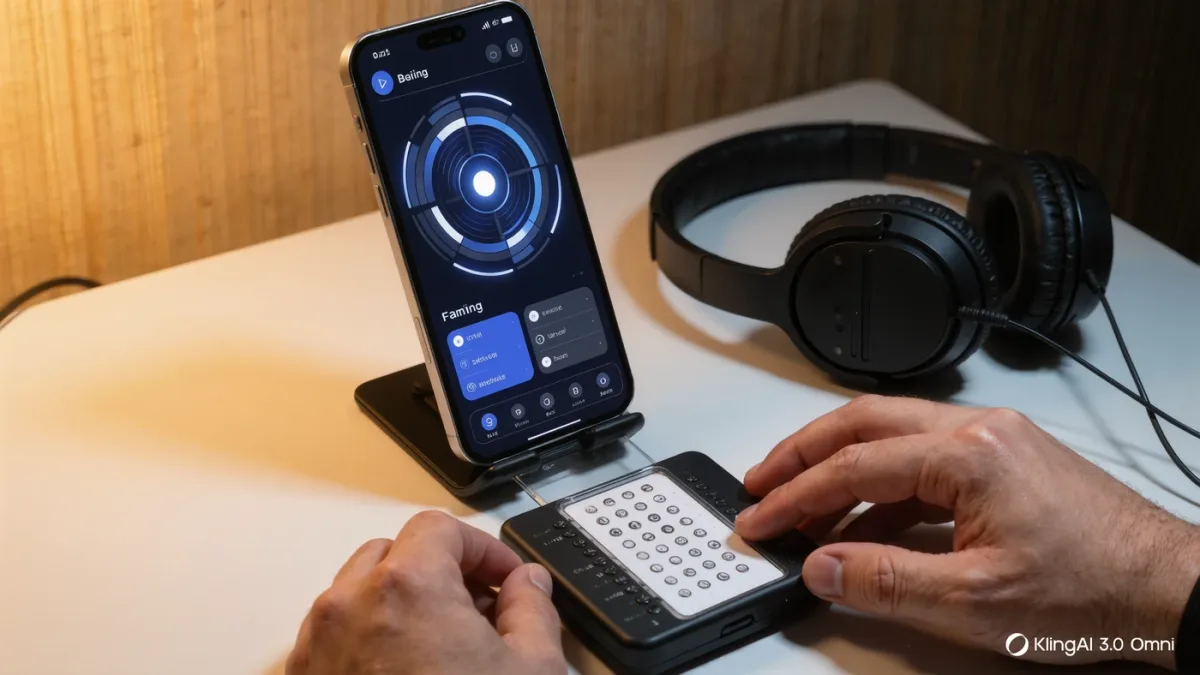 Screen reader user testing a banking app with headphones at a desk