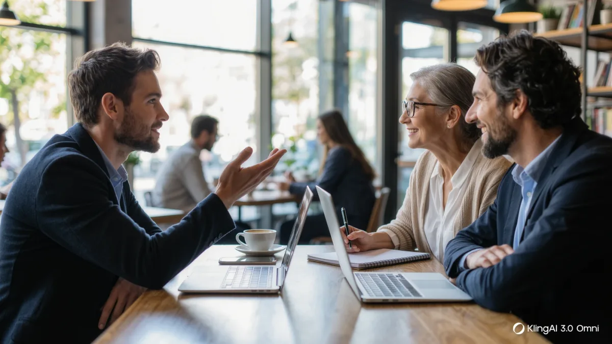 Founder pitching to two investors across a coffee-shop table