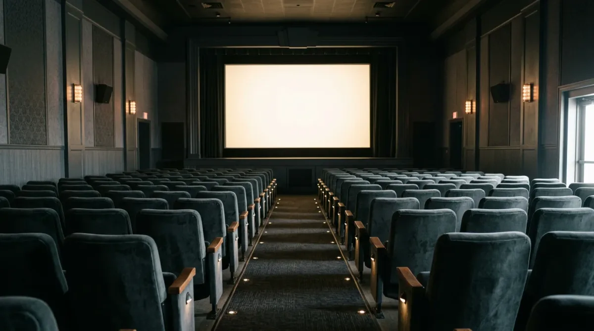 Empty cinema auditorium seats in low warm light