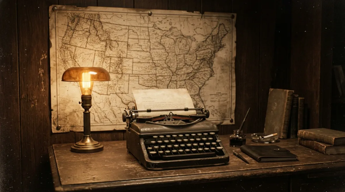 A 1930s WPA-era writer at a typewriter with a fanned map of the United States behind them.
