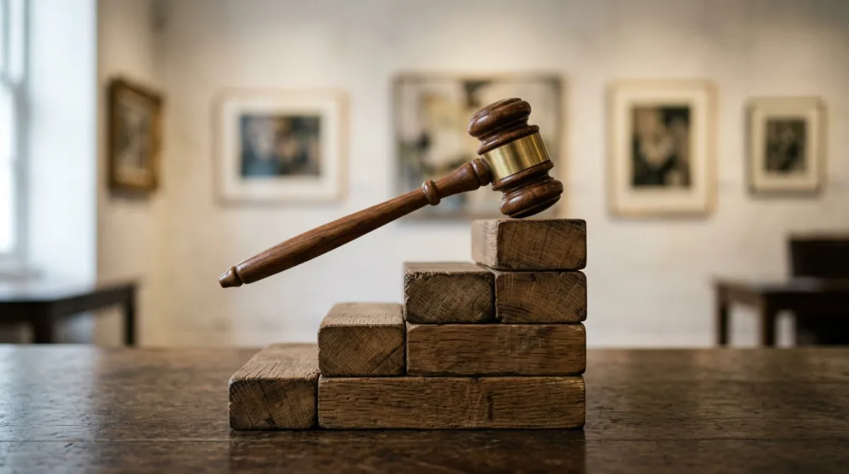 An auction gavel resting atop a rising staircase built from percentage signs, set against a muted gallery-wall backdrop, evoking the steadily climbing buyer's premium.