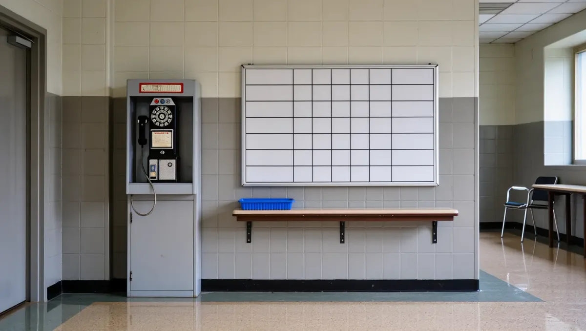 Time clock and laminated shift schedule on a break-room wall