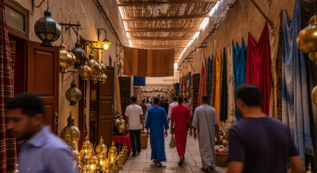 Shoppers moving through a covered souk lane in Marrakech, viewed from behind