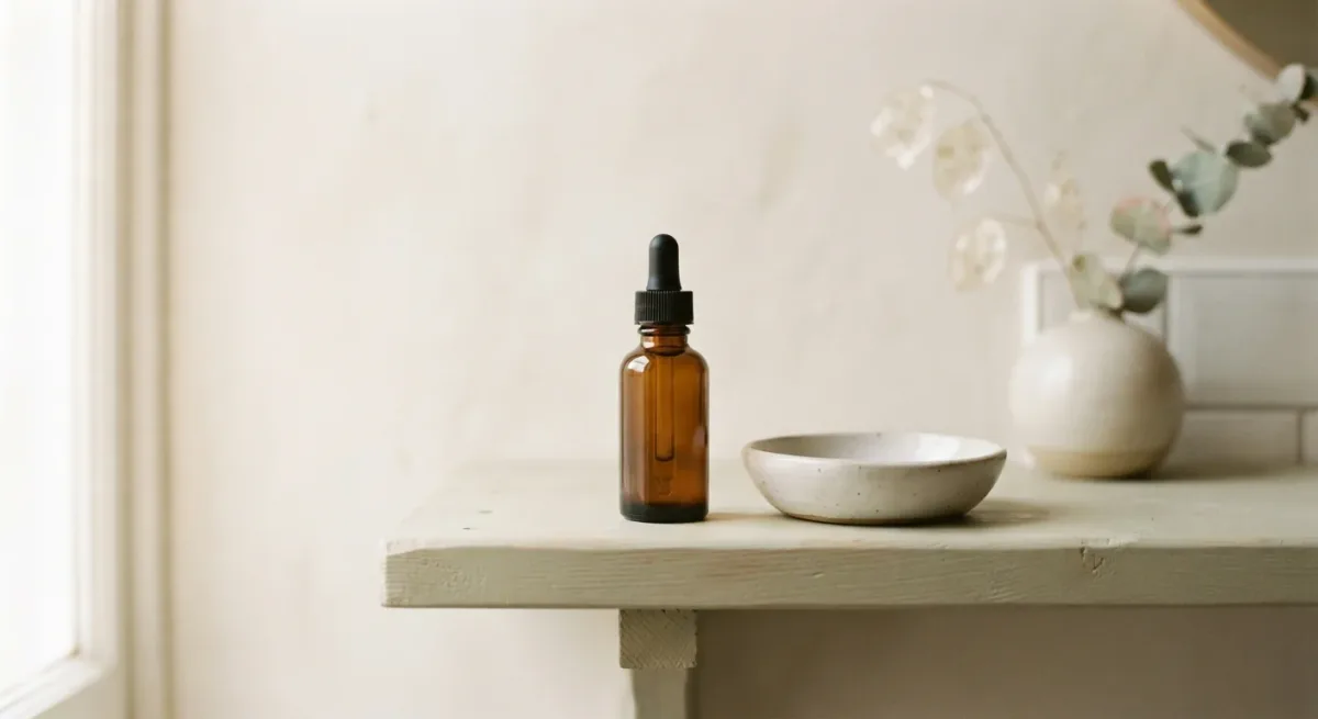 Unbranded glass dropper bottle beside a plain ceramic dish on a bright shelf