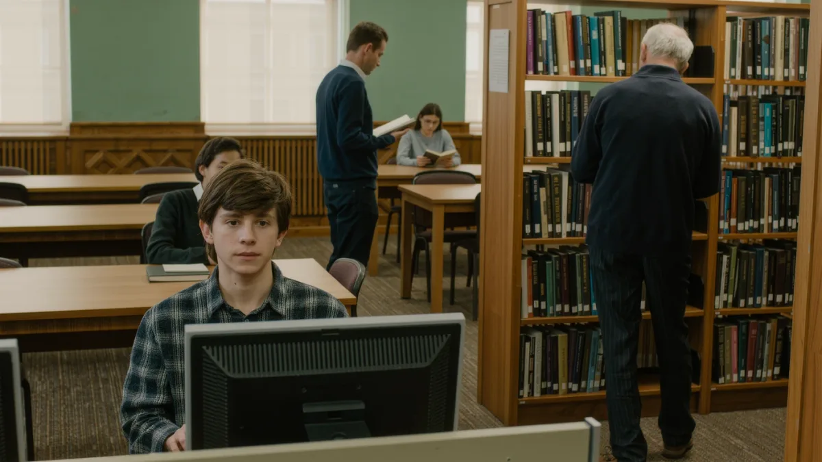 Library visitor using a public computer catalog in a reading room