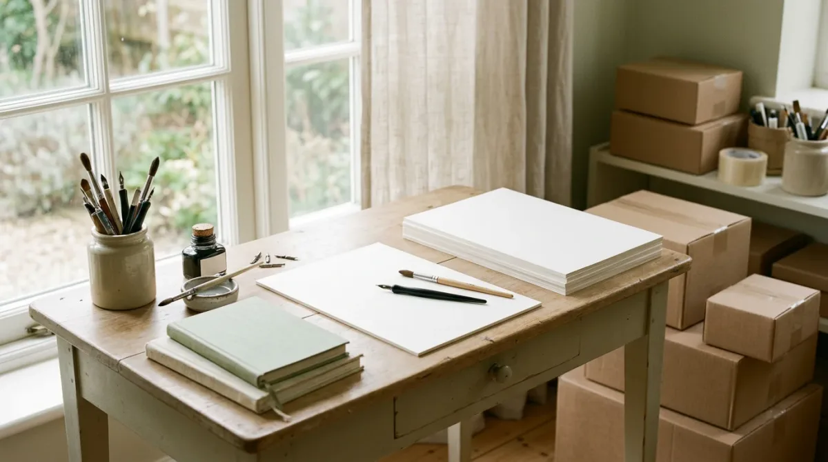Stacks of blank comic covers on a drawing desk