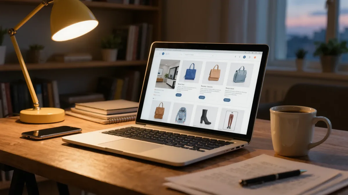 Home desk with laptop showing product listings while shopping