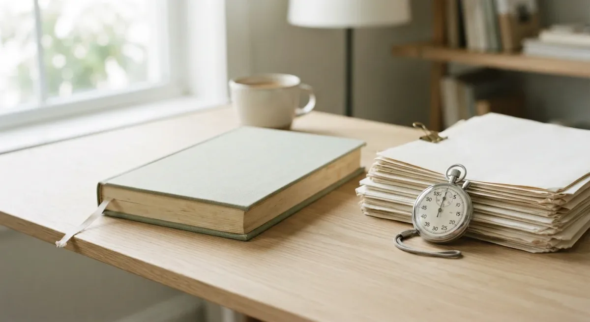 Bound statute volume, stacked filings, and a stopwatch on a desk