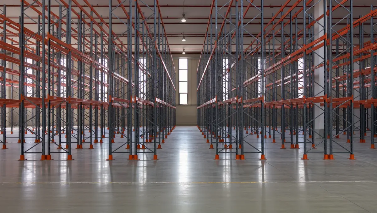 Empty steel racking rows in a distribution warehouse under flat grey light