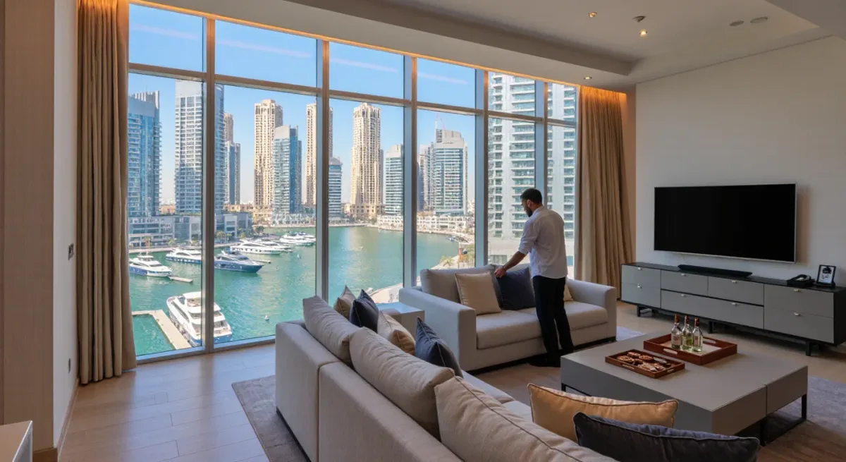 Host preparing a short-term rental apartment in Dubai Marina