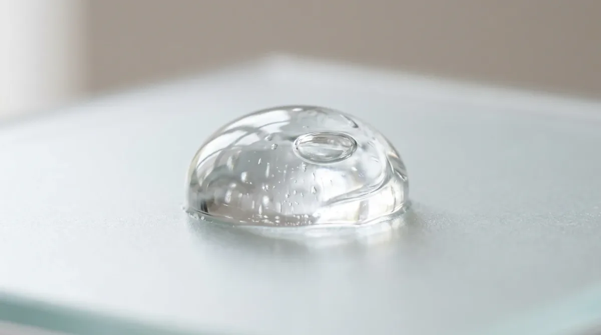Azelaic acid's molecular structure dissolving into a translucent skincare gel droplet, rendered in Beauty Ring's soft studio-lit, ingredient-forward visu.