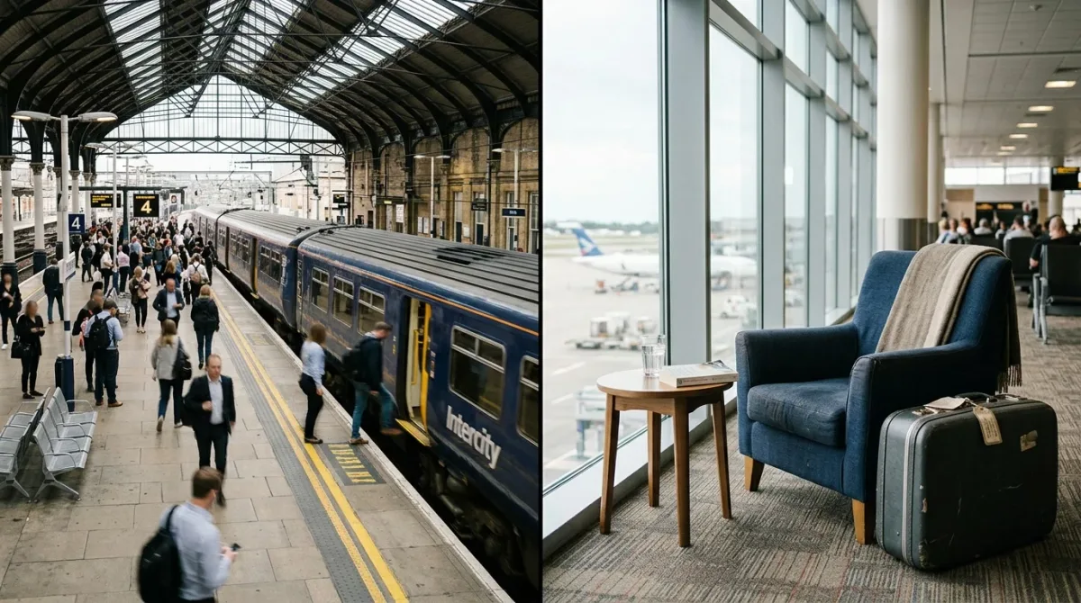 Down the middle: on one side a departure board and a train platform sign pointing toward Amsterdam Centraal, on the other a cozy pre-security terminal nook.
