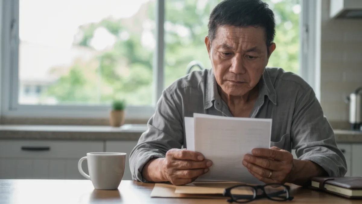 Person reading an official breach letter at a kitchen table