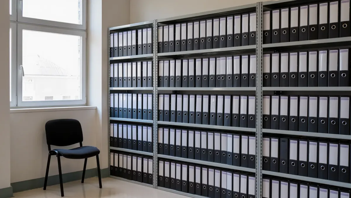 Rows of bound administrative decision volumes on metal shelving in a federal hearing office