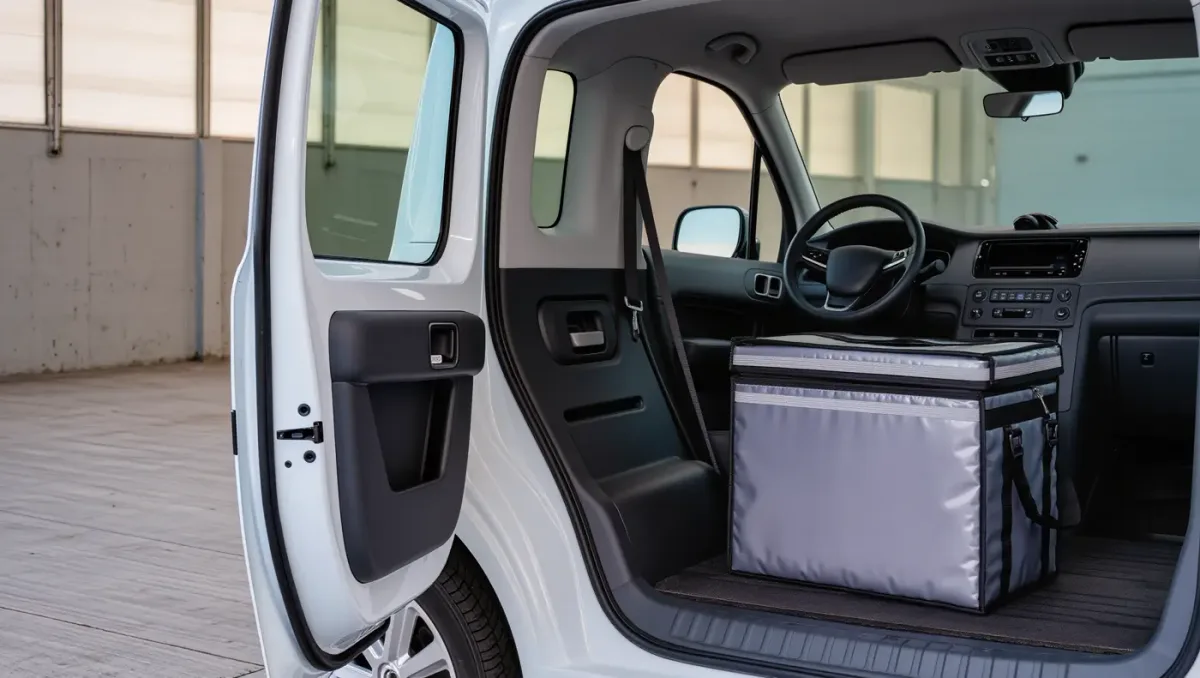Delivery van cab with detached delivery bag resting on the passenger seat
