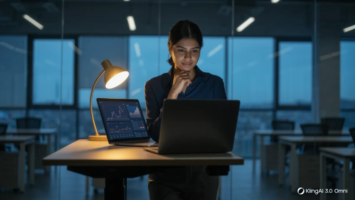 Founder reviewing financial dashboard on a laptop late at office