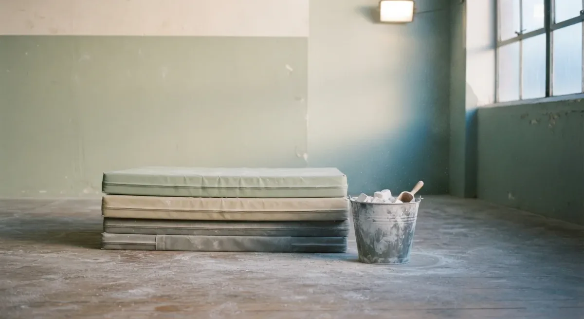 Empty arena floor with chalk dust and a single chalk bucket