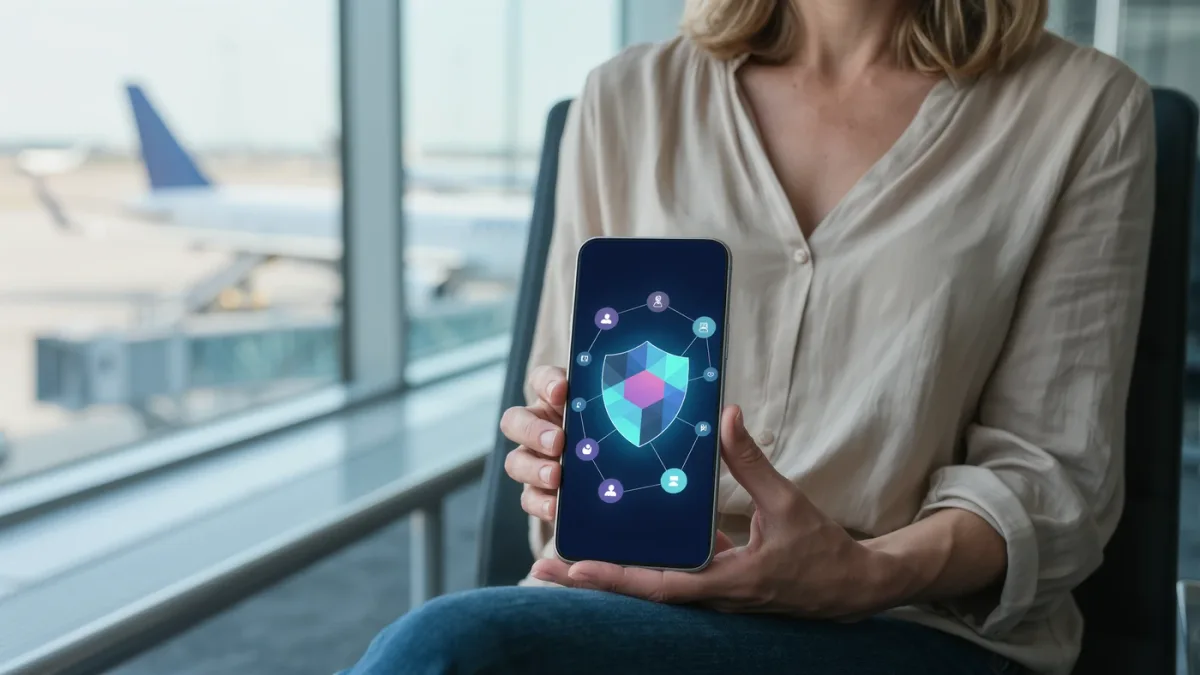 Traveler using VPN app on phone at airport