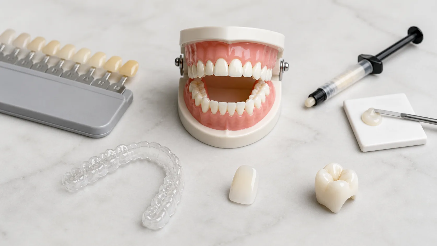 Dental model surrounded by whitening, bonding, aligner, veneer, and crown treatment options