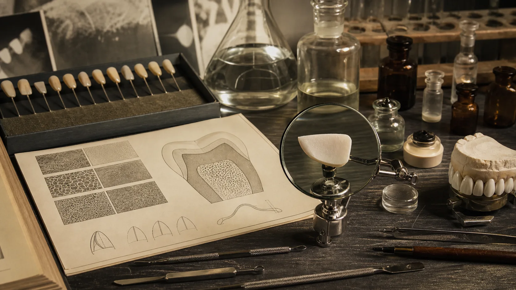 Archival dental research bench with a porcelain facing under magnification