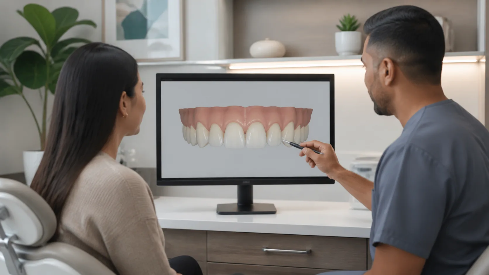 Dentist and patient reviewing a digital dental model during a consultation
