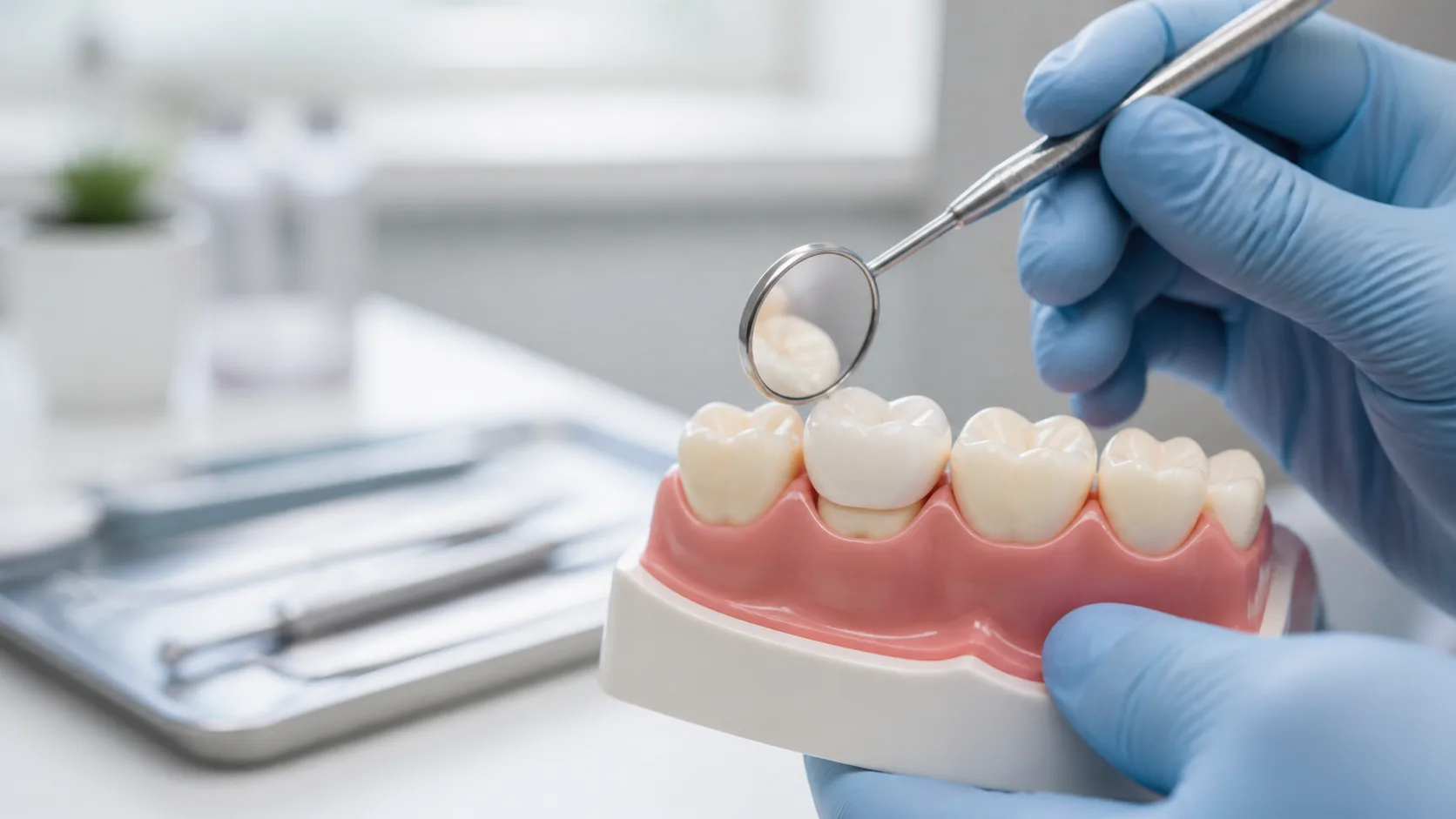 Dental professional examining a ceramic crown on a dental model