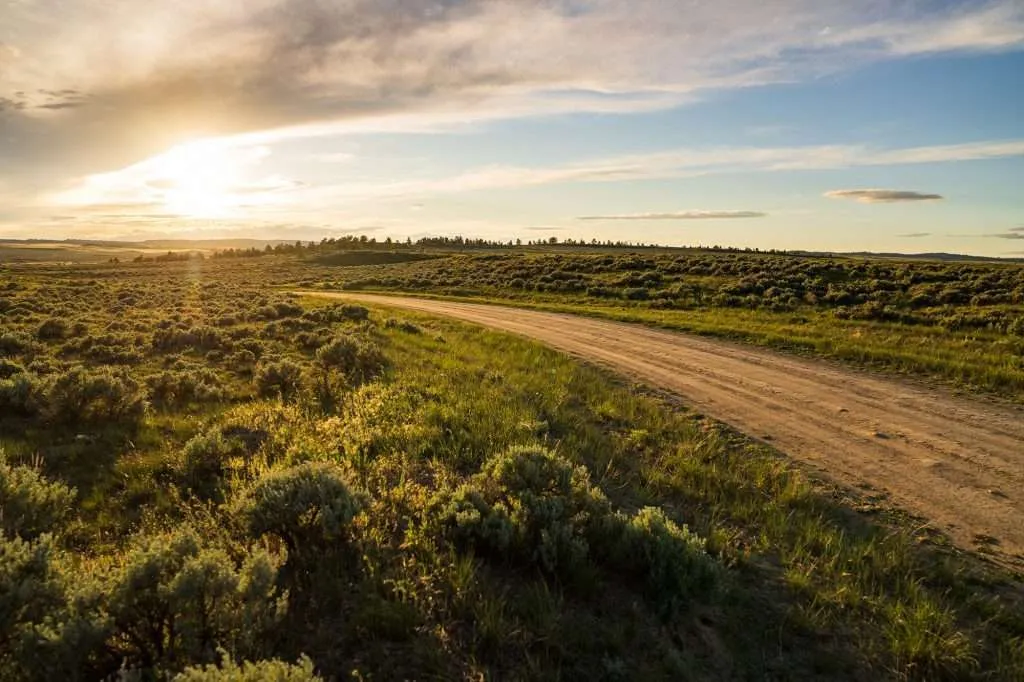 Sun setting over landscape with sage brush and a dirt road in Montana