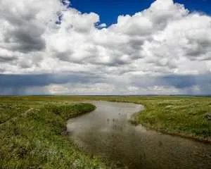 Gang Ranch-006 - Western Ranch Brokers Curvy river reflecting clouds on Montana ranch for sale