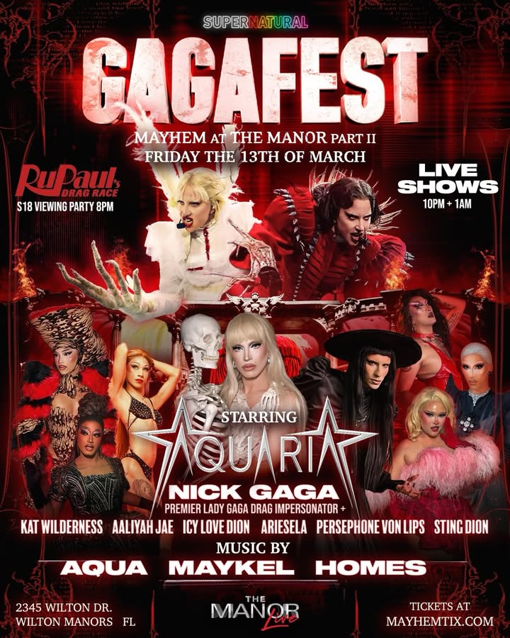 Flyer for Gagafest: Mayhem At The Manor Ft. Aquaria + Nick Gaga