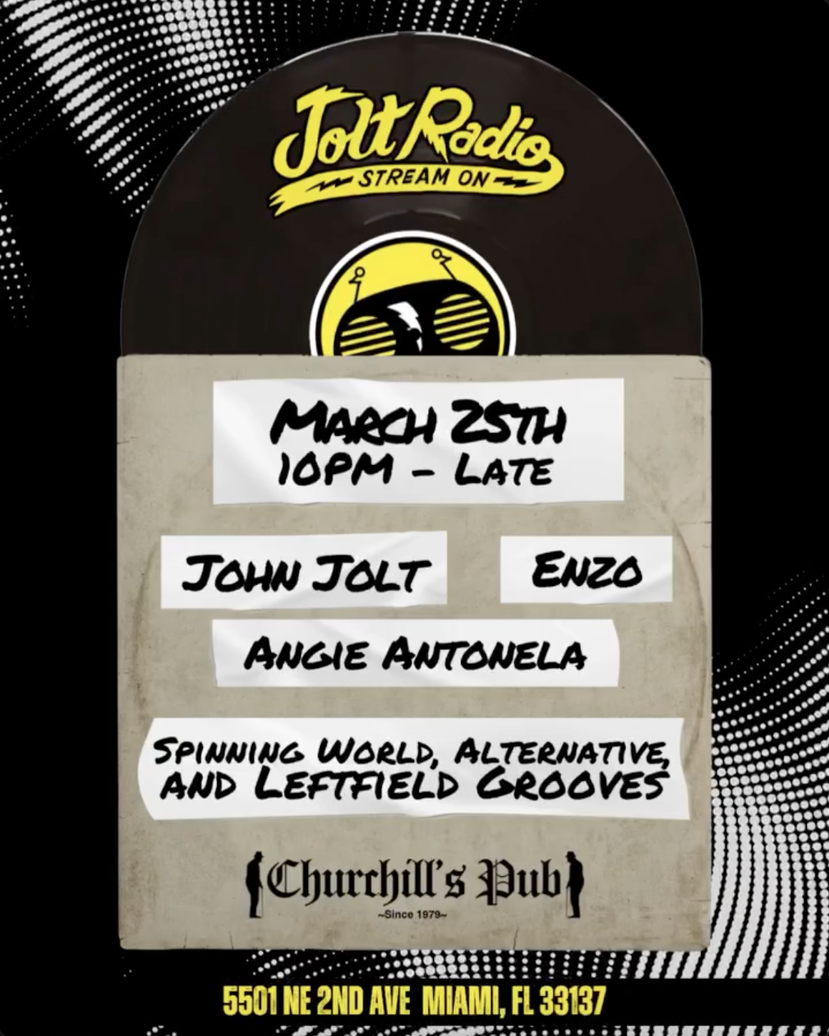 Flyer for John Jolt + Enzo + Angie Antonela