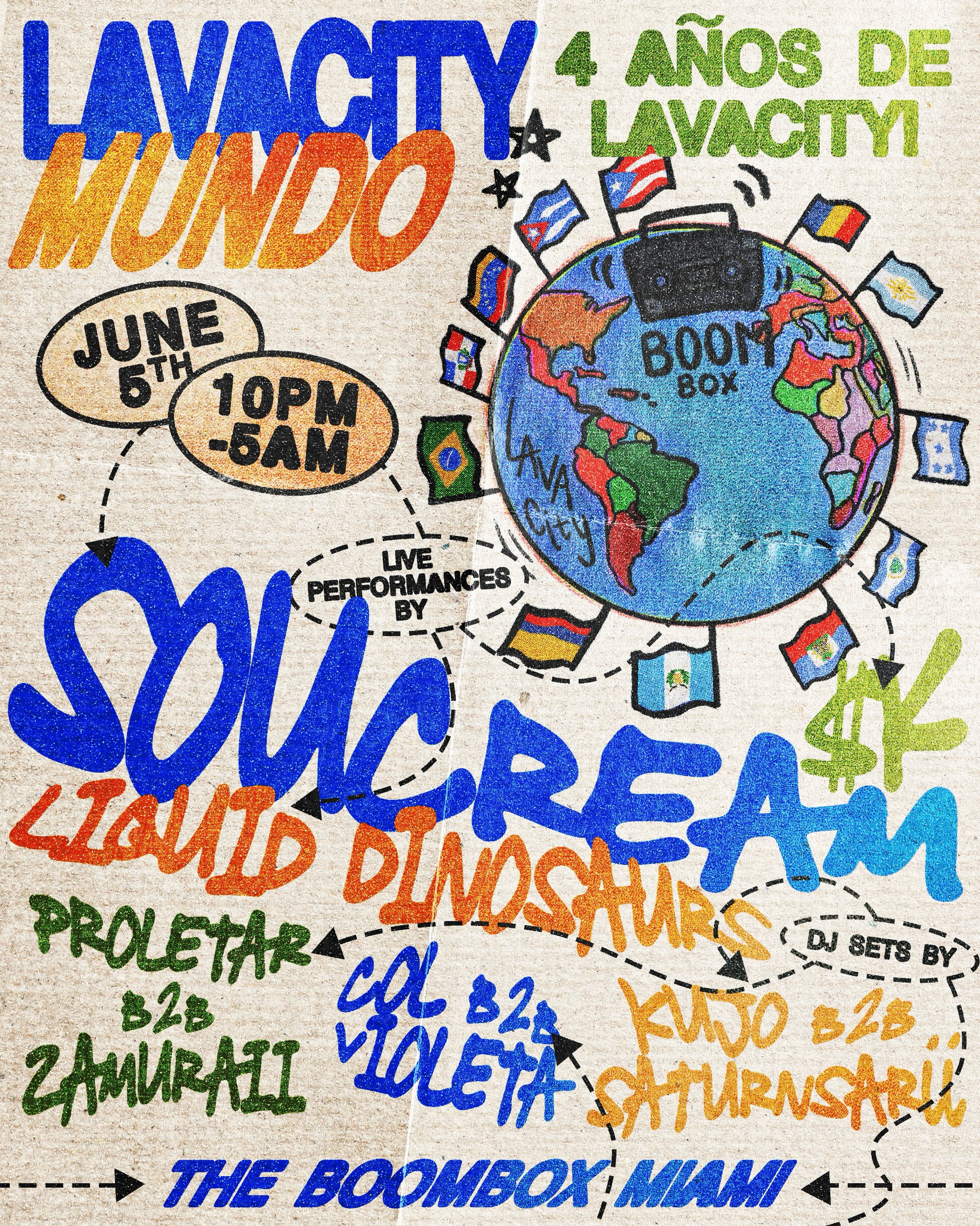 Flyer for Lavacity Mundo: 4 year anniversary