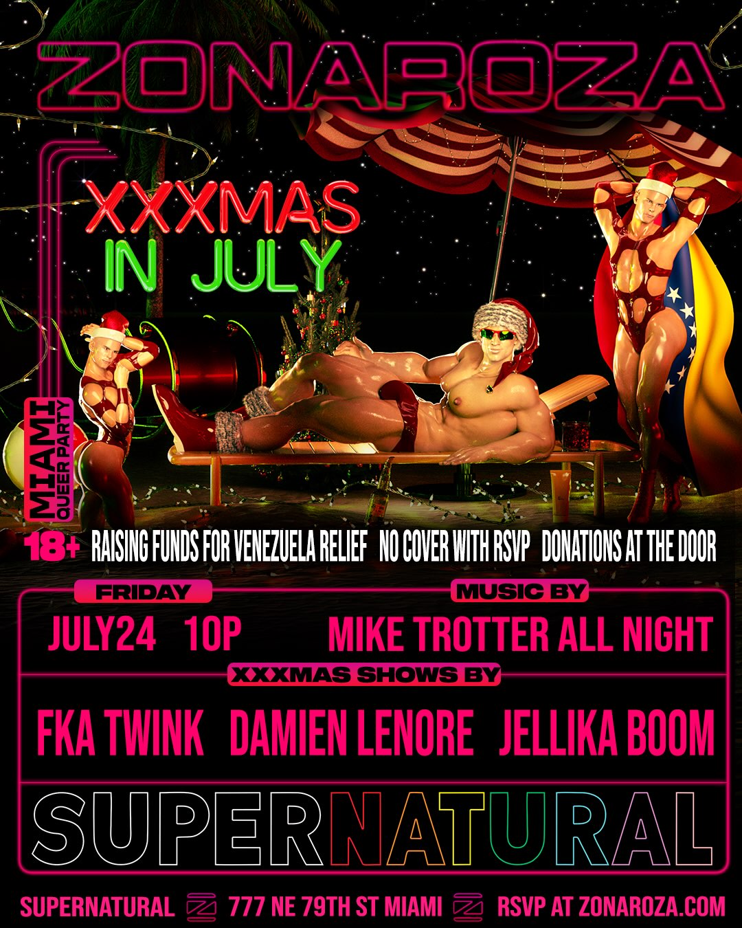 Flyer for XXXMAS In July Venezuela Relief Fundraiser