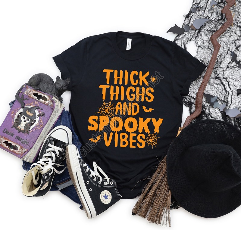 Thick Thighs Spooky Vibes Shirtfunny Halloween Shirthalloween Shirtfunny Shirt2022 Halloweenspooky Vibes Shirtfunny Spooky Vibes Shirt