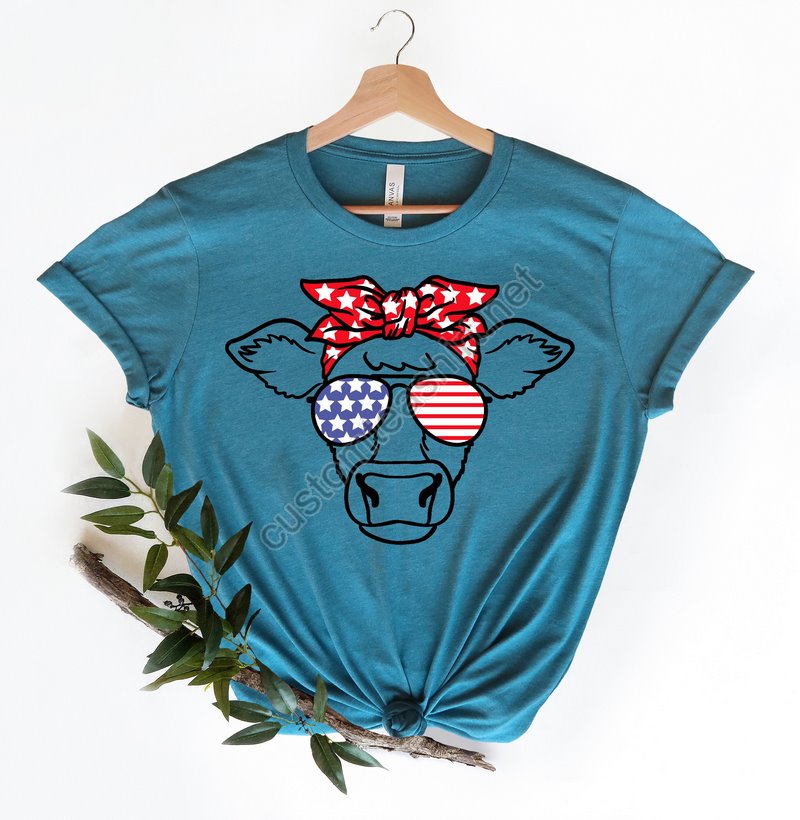 Patriotic Cow Shirt 4th Of July T-shirt Independence Day Shirt America Flag Highland Cow Tee Cow Bandana Usa Tees American Cow T-shirt