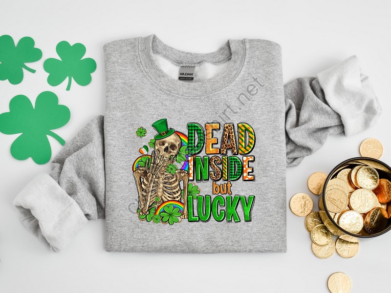 Dead Inside But Lucky With Skeleton Shirt Lucky Tshirt Irish T Shirt Shamrocks T-shirt St Patricks Day Family Matching Gift Tee