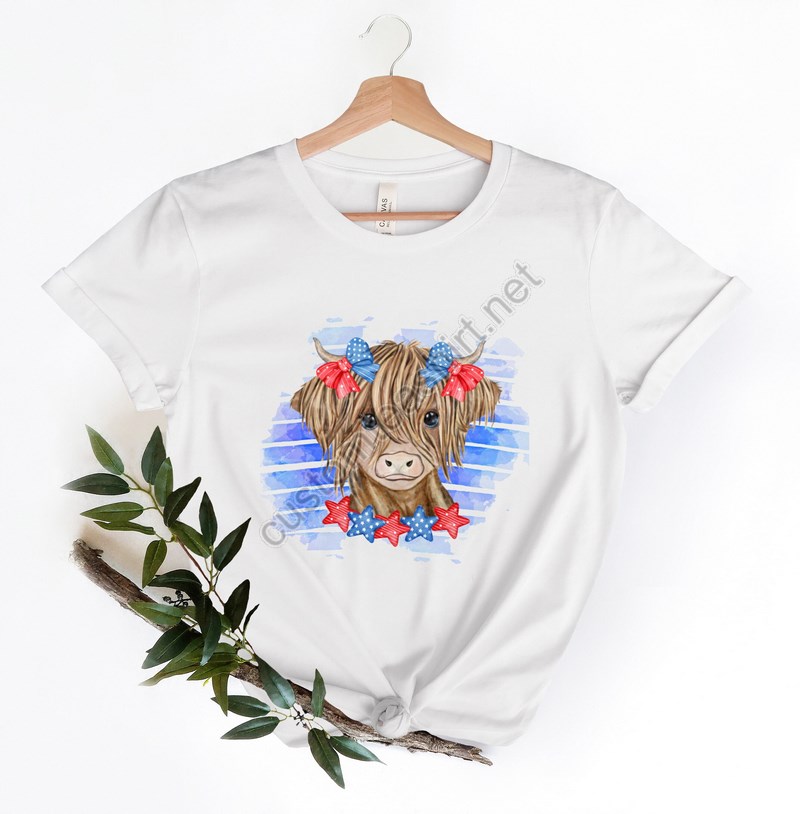 Patriotic Cow Shirt 4th Of July T-shirt Independence Day Shirt America Flag Highland Cow Tee Cow Bandana Usa Tees American Cow T-shirt