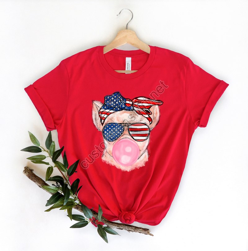 4th Of July Cat Bubblegum Patriotic Cat Sunglasses Bandana Bubble Gum Pig Shirt 4th Of July Gift Pig Blowing Bubble Gum